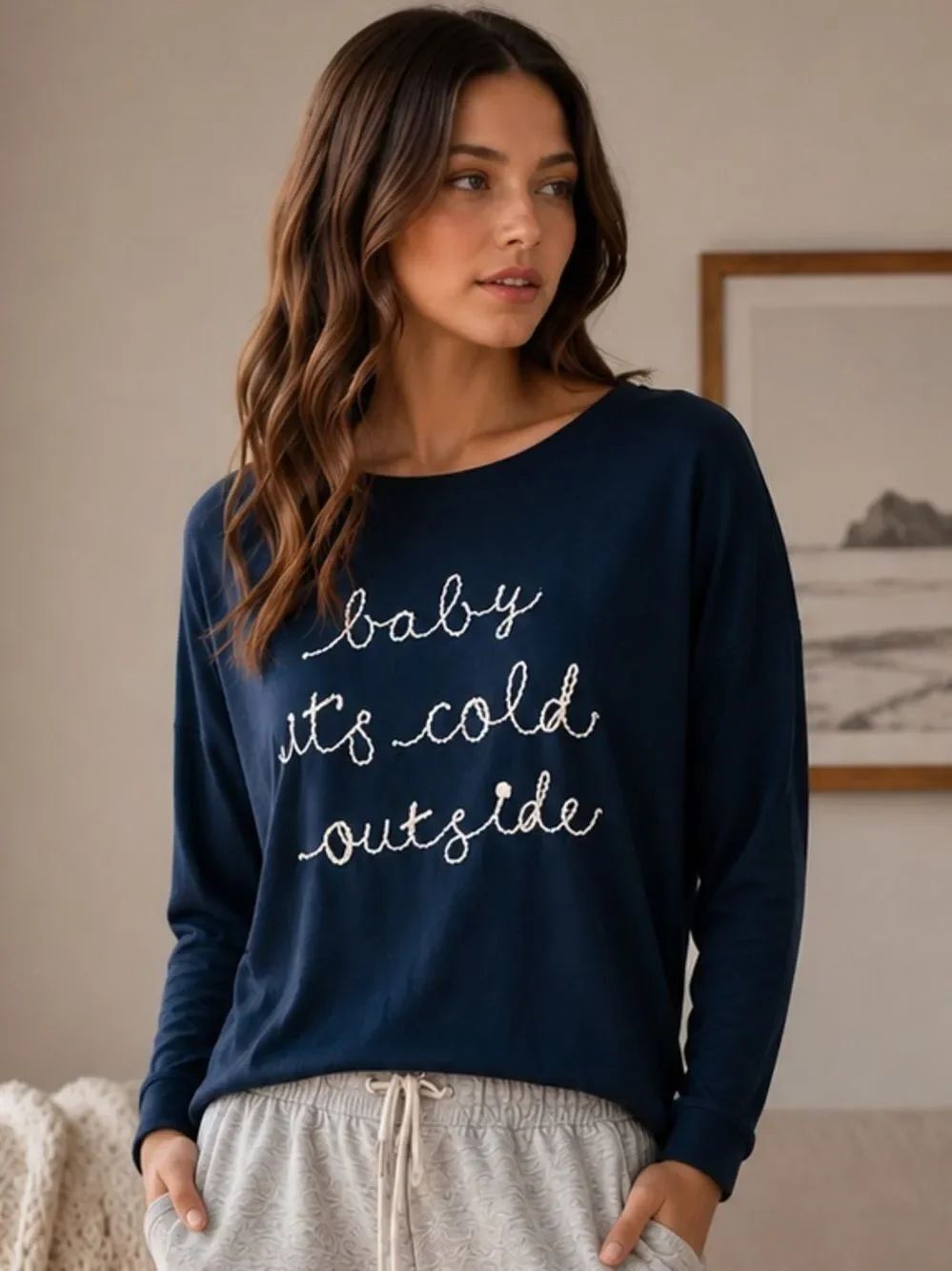 Secret Treasures Baby It’s Cold Outside Soft Long Sleeve Top Navy Blue S